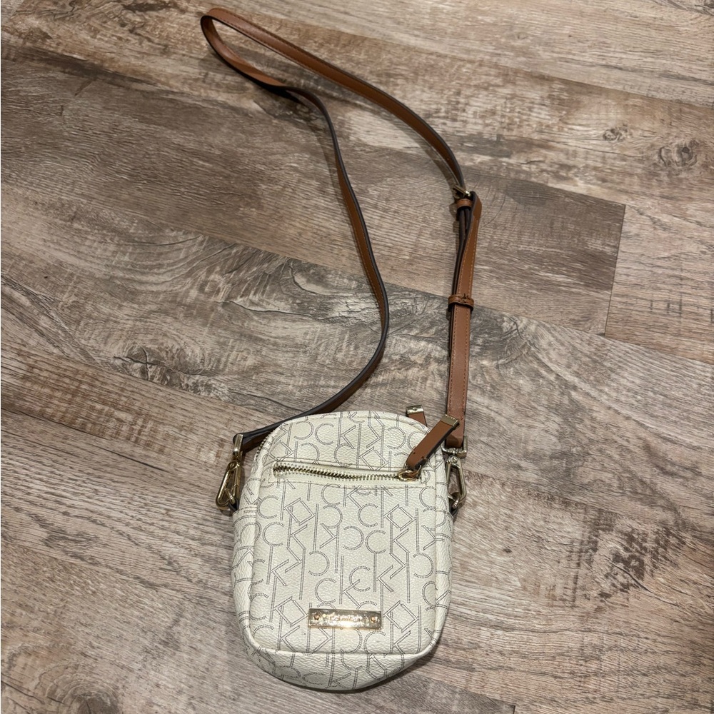 Calvin Klein Cream Logo Crossbody with Brown Strap